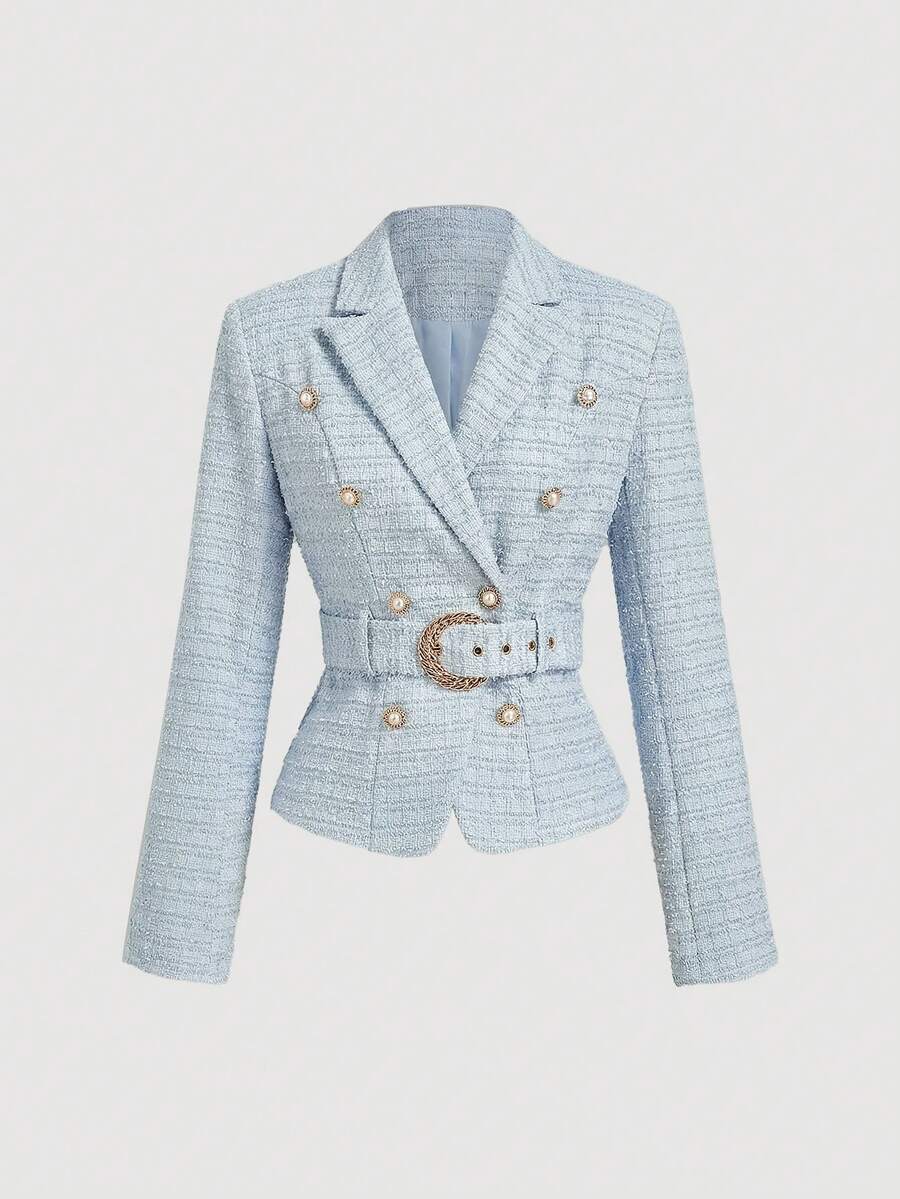 SHEIN MOD White Metal Buckle Double-Breasted Belted Blazer - Baby Blue - View 1
