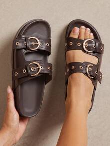 SHUZIA Women's Replica Superior Comfort Buckled Double Strap Slip-On Flat Sandals Summer Shoes - Chocolate Brown - View 1