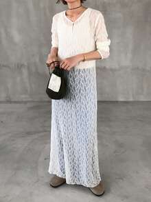 FRIFUL Women's Lightweight Sheer Lace Fabric Solid Color Dress With Trim Detail, Slim Fit, Versatile, Spring/Summer Maxi Dress Sundress - Beige - View 2