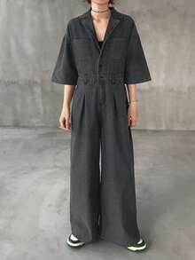 FRIFUL Women's Casual Everyday Commute Lapel Collar Slant Pocket Loose Wide Leg Denim Jumpsuit - Grey - View 3