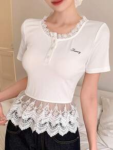 FRIFUL 女士时尚休闲蕾丝边纽扣T恤 - 白色 - 查看 3