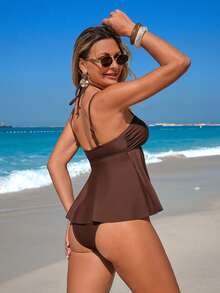 Swim Lushoire Women's Casual Vacation Beach Party Mesh Fabric Bikini Two Pieces Swimwear Brown One Piece Swimwear Brown Bathing Suit One Piece Swim Dress One Piece Bathing Suit Brown Swimwear - Brown - View 2