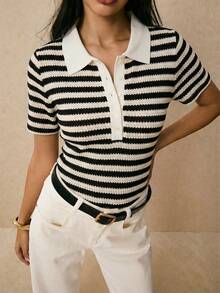 Poéselle Women's Casual Striped Slim Fit Short Sleeve T-Shirt, Summer, Striped Knit Top, Women Summer Tops, Knit Polo Shirt, Preppy Summer Top, Preppy Style Tops