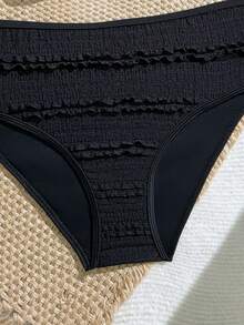 SHEIN Tween Girls Tankinis, Adorable Knitted Jacquard Fabric Halter Crop Top With Ruffle Hem Swimwear Two Pieces Set, Fashionable, Elegant, Suitable For Swimming, Beach, Vacation, Summer Tankini Set Black Tankini Swimwear Two Pieces Swimwear Black Bathing Suits For Girls Two Pieces Textured Swimwear Textured Tankini Two Pieces Swim Textured Tankini Swimwear Tween Black Black Two Pieces Swimwear Textured Swimwear - Black - View 5
