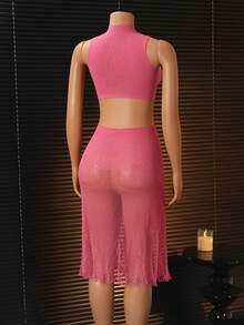 2pcs/Set Women's Stand Collar Tank Top And Mini Skirt Sexy Mesh Outfit - Pink - View 2