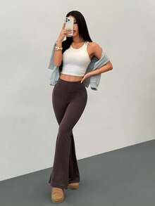 SHEIN PETITE Women's High Waist Elastic Yoga Pants, Slimming Fitness Leggings Flared Leggings Brown Pants For Women Bell Bottom Pants Pants Flare Leg Flared Brown Pants,Spring Summer Outfits Dark Brown Flared Pants Womens Flared Trousers