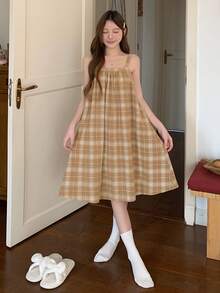 DAZY 格子宽松A字无袖女士家居连衣裙 - 駝色 - 查看 8