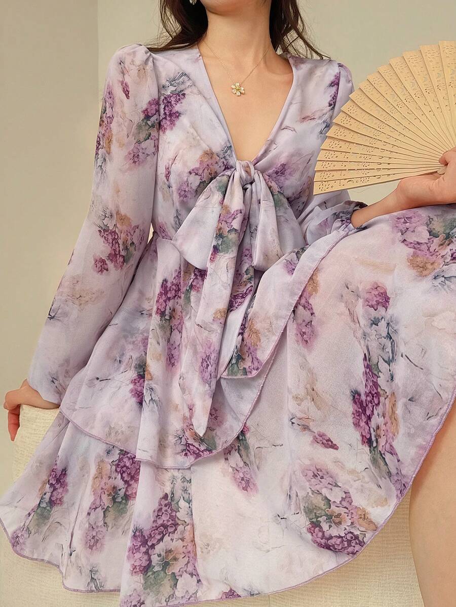 DAZY 法式粉色碎花V领长袖连衣裙，系带雪纺A字迷你裙，春季吊带裙 - 杏色 - 查看 1