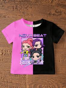 2pcs Young Girls Casual Fashion K-POP Cartoon Girl Pattern Fuchsia And Black Contrast Color Short Sleeve Round Neck T-Shirt And Matching Shorts Set, Comfortable T-Shirt Outfit For Young Girls Daily And Holiday Wear - Multicolor - View 6