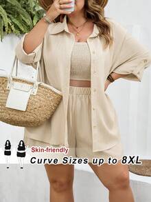 SHEIN CURVE+ Curve 尺码 US22 音乐节、海滨度假、波西米亚风女士休闲度假开衫、无肩带短裤、衬衫三件套、沙滩度假三件套 - 卡其色 - 查看 9