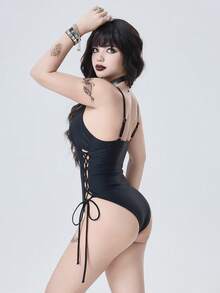 ROMWE Women's Sexy European And American Music Festival Party Bold And Avant-Garde Outdoor Gothic Punk Apocalyptic Style Basic Versatile Solid Color Thin Strap Deep V-Neck Metal Cross Pendant Decorated Side Criss-Cross Tie-Up Waist Cutout Backless One-Piece Swimsuit, Slimming Design, Suitable For Beaches, Seaside, Autumn Swimwear, And Also Suitable For Spring Break Music Festivals. Swimming Goth One Piece Swimsuit Curve Swimsuits Gothic SwimwearFigure-Hugging Swimwear, Gothic-Style Swimwear. Goth Swimsuit Emo Bathing Suit Lace-Up Swimsuit Goth Bathing Suit - Black - View 5