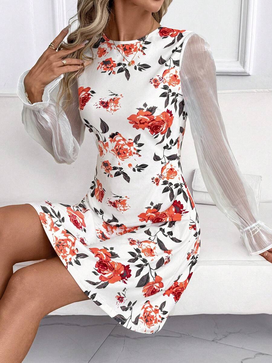 SHEIN Clasi 女士优雅印花圆领长袖短款连衣裙，秋季 - 白色 - 查看 1