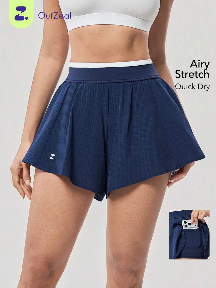 OutZeal 女士健身短裤 运动短裤 网球跑步内置短裤 撞色飘逸下摆 运动裤 - Dark Blue - 查看 1