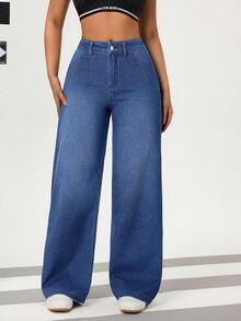 Flexra Quần jeans ống đứng cạp cao giặt thường ngày cho nữ - Màu xanh lam - Xem 6