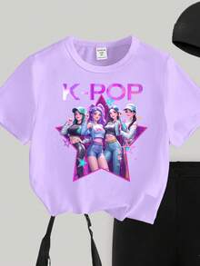 2件套少女休闲创意个性清新简约可爱时尚虚拟少女组合彩色星星图案字母印花T恤和骑行短裤套装，舒适日常穿着，适合春、夏、秋季。 - 彩色 - 查看 3