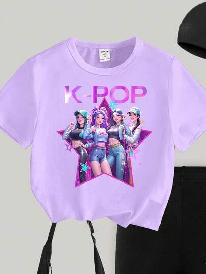 Elladie kids 2件套女童休闲创意个性清新简约可爱时尚虚拟女团彩色星星图案字母印花T恤和骑行短裤套装，舒适日常穿着，适合春、夏、秋季摇滚明星儿童套装，儿童骑行短裤套装，儿童七分裤套装，女童星星衬衫，流行明星套装