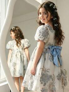 Vestido Floral Fofo com Laço para Meninas Jovens - Multicolorido - Visão 3