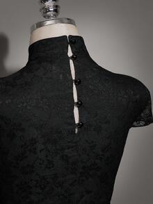 SHEIN ICON 大码女式复古中国风黑色蕾丝连衣裙 - 黑色 - 查看 9