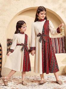 SHEIN Girls Long Sleeve Stand Collar Flared Geometric Abaya Dress In Polyester For Special Occasions - Multicolor - View 5