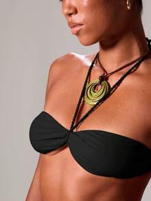 Musera Resort Atasan Bikini Halterneck dengan Tali Satin dan Detail Putar di Bagian Depan (Hanya Atasan) untuk Liburan Seksi di Ibiza, Musim Semi/Musim Panas, Festival, Pesta Pantai, Pakaian Renang, dan Pengantin. - Hitam - View 5