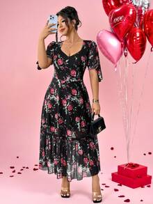 Elenzga Vestido feminino plus size elegante e romântico com laço de rosa nos punhos e barra em tule patchwork, perfeito para um encontro romântico no Dia dos Namorados. - Multicolorido - Ver 3