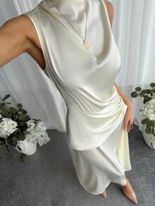 Aloruh Đầm dự tiệc bằng vải satin màu mơ, kiểu quấn, thắt eo, xếp ly vai dành cho nữ. - Màu be - Xem 2