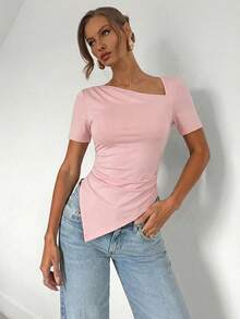 Almamuse Women's Solid Color Short Sleeve Ruched Fitted Asymmetrical T-Shirt Pink Top - Pink - View 3