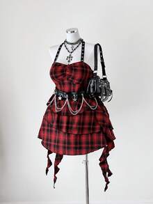 Sunspun Sexy Backless Asymmetrical Plaid Mini Dress, Fitted Design, Fashionable, For Spring/Summer - Red - View 1