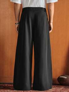 EASEVO Plus Size Men's Casual Solid Color Pleated Slant Pocket Wide Leg Pants Men Baggy Wide Pants - Black - View 2