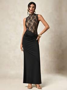 Briarwyn 女士蕾丝领褶裥优雅无袖连衣裙 - 黑色 - 查看 5