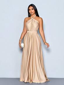 SOLERSUN Women's Elegant Apricot Satin Ruched Halter With Belt Maxi Dress,Ruched Flowy Backless Evening Gown For Formal Party Prom Wedding Guest - Khaki - View 8