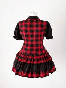 Sunspun 暗黑洛丽塔喇叭袖镂空设计上衣+格子泡泡裙套装，新款复古朋克暗黑优雅性感格子泡泡袖收腰衬衫Polo领上衣搭配松紧腰层叠蛋糕裙迷你两件套 - 彩色 - 查看 2