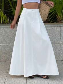 DAZY 女士常规腰围褶裥长裙，休闲度假风牛仔A字裙 - 白色 - 查看 1