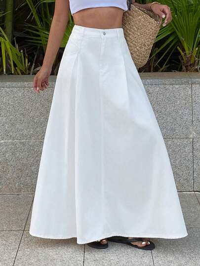 DAZY Women's Regular Waist Pleated Long Skirt, Casual Vacation Style Denim A-Line Skirt