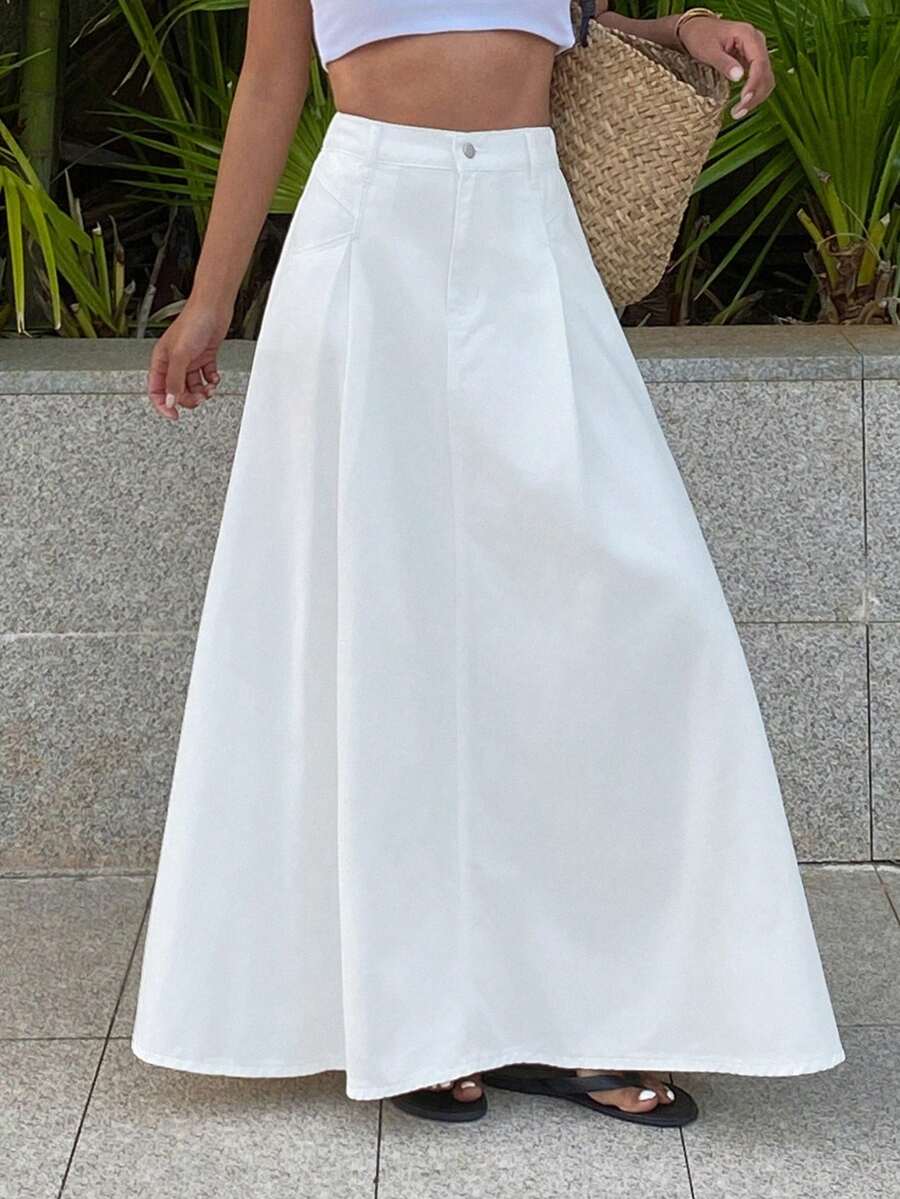 DAZY 女士常规腰围褶裥长裙，休闲度假风牛仔A字裙 - 白色 - 查看 1
