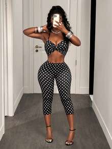 BamGleam 夏季时尚性感波点印花露背吊带上衣和迷你裙两件套 - 黑色 - 查看 6