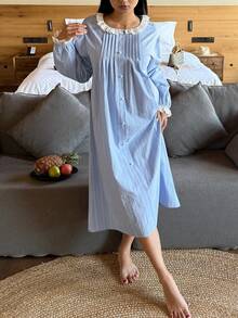 DAZY 甜美条纹图案印花撞色滚边宽松女士睡裙 - 藍色 - 查看 10