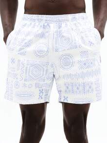 SUMWON Geometric Print Beach Swim Trunks Summer Vacation Boardwalk Quick Change Elastic Waistband Side Pockets Casual Poolside Beachwear - Blue - View 7