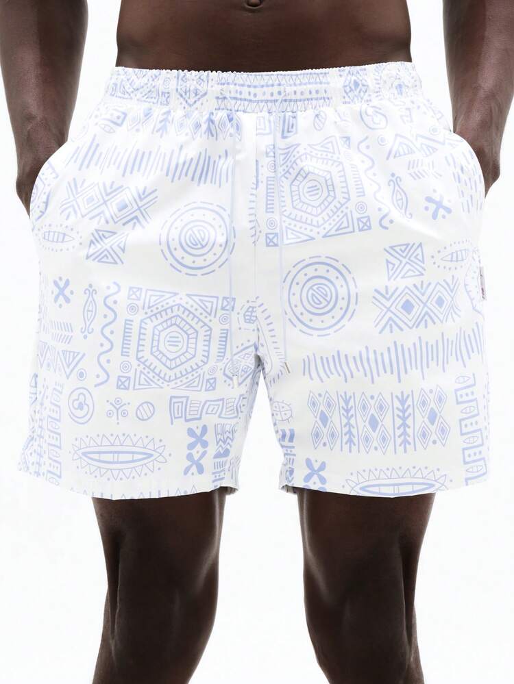Geometric Print Swim Trunks With Side Pockets