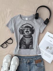 Áo thun nữ tuổi teen màu trắng dệt kim, kiểu dáng thường ngày, tay ngắn, cổ tròn, in hình mèo dễ thương, thích hợp mặc ở nhà, đi mua sắm, ăn trưa, dự tiệc. - Xám - Xem 6