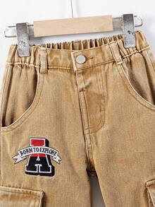 Pantalones cargo de pierna recta y ajuste holgado con pespuntes de contraste para niño - Caqui - Ver 3