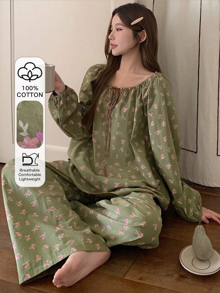 DAZY Conjunto de pijama holgado para mujer con cuello con cordón, mangas farol y fruncido con estampado floral diminuto - Verde - Añade 3