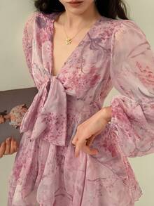 DAZY Đầm dài tay cổ chữ V màu hồng họa tiết hoa kiểu Pháp, chân váy mini chữ A bằng chiffon thắt eo, đầm hè mùa xuân. - Hồng - Xem 6