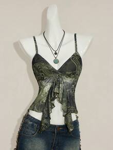 SHEIN ICON Women's Summer Bohemian Vacation Paisley Print Slit Ruffle Trim Fitted Cropped Camisole - Army Green - View 4