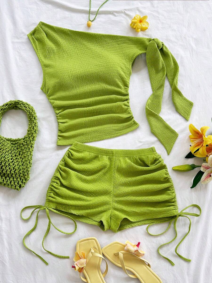 Soleia 春夏新款休闲度假西部海滩婚礼宾客着装毕业早午餐女士圣帕特里克节春假复活节音乐节优雅波西米亚热带风情针织纹理绿色不对称肩部系带抽绳单肩两件套 - 綠色 - 查看 1