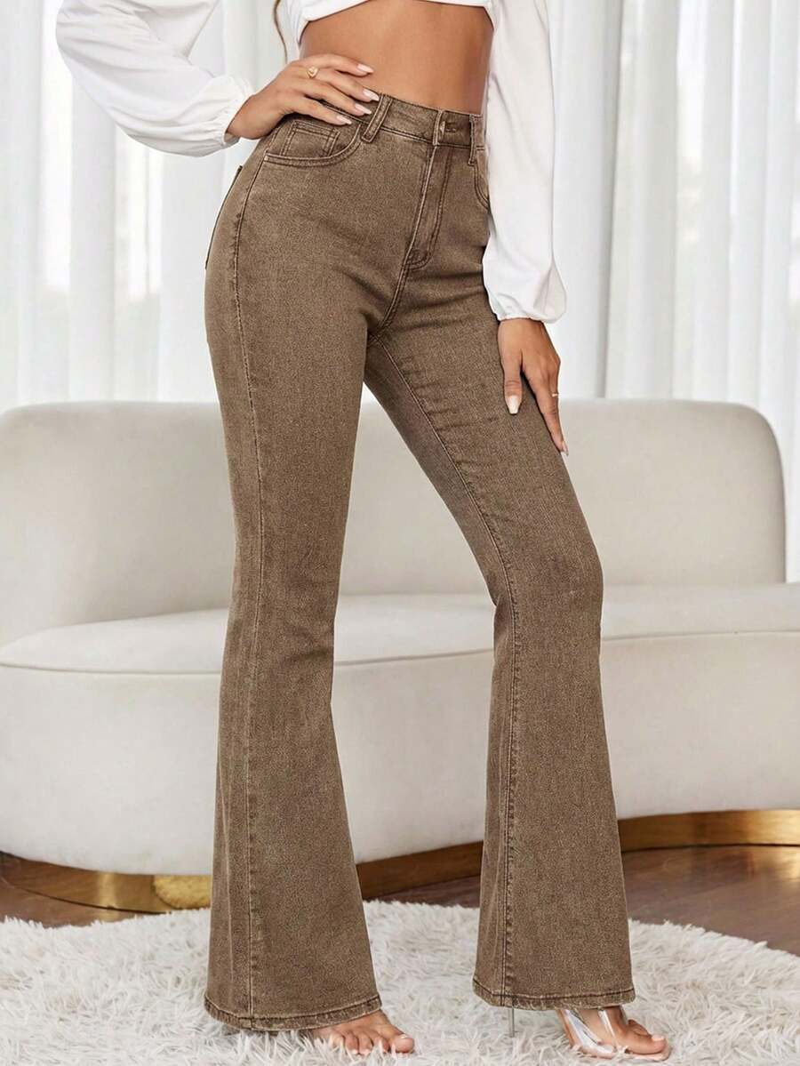 SHEIN LUNE Women's Solid Color High-Rise Raw Hem Flare Jeans - Coffee Brown - View 1
