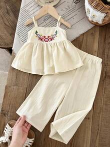 LMoss Kids 女婴花卉刺绣吊带娃娃衫和阔腿裤套装，休闲假日风 - 米色 - 查看 3