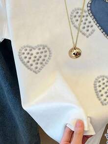 Teen Girls Heart Print Graphic Loose Casual Contrast Block Color Strip Round Neck T-Shirt - Multicolor - View 5