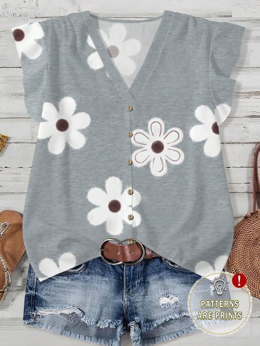 EMERY ROSE Plus Size Women Floral Print Casual Shirt, Suitable For Autumn, Summer, Gray Shirt, Vacation Spring - Multicolor - View 1