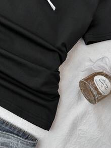 SHEIN 少女休闲舒适撞色蝴蝶结装饰U领褶皱短袖T恤 - 黑與白 - 查看 5